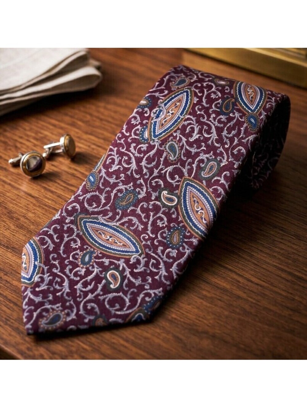 Vintage Legend Men's Paisley Tie Burgundy Blue Silk Blend Made USA 55.25"